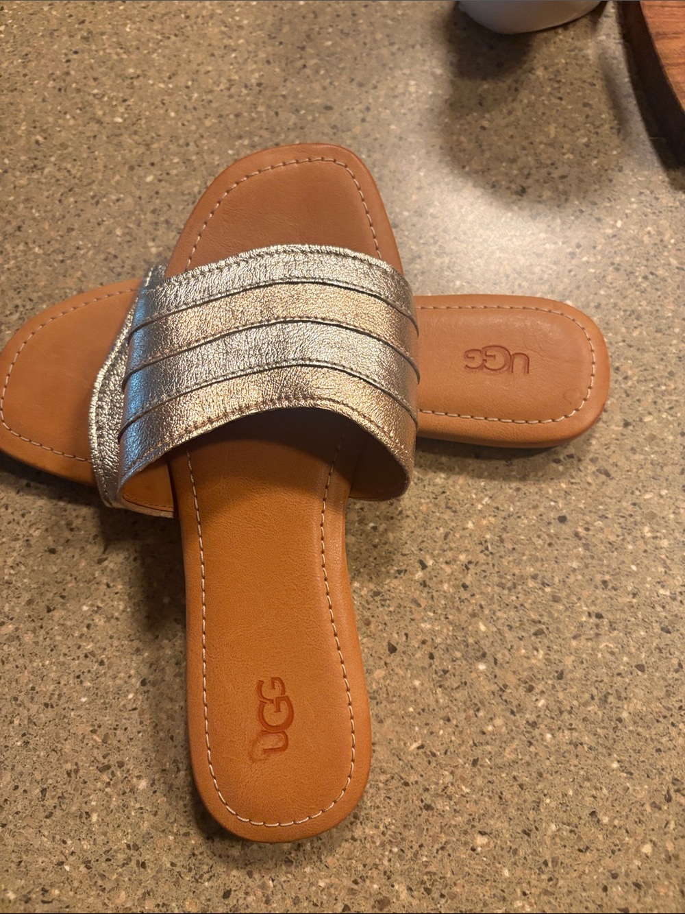 UGG Metallic Silver and Tan Slide Sandals for Women